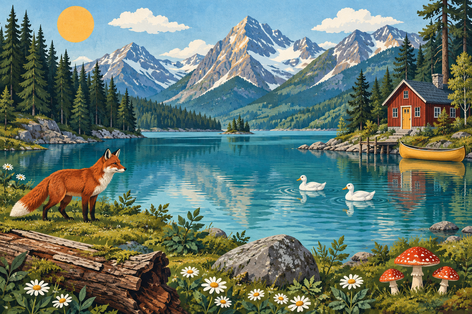 An original illustration of a mountain lake, ready to explore